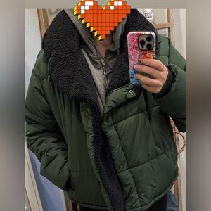 BDG (XL) Green Puffer Jacket with Black Fleece lining